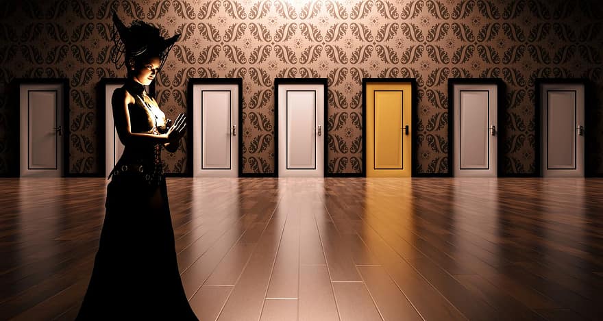 двері, фантазія, стіна, підлога, жінка, сюрреалістичний