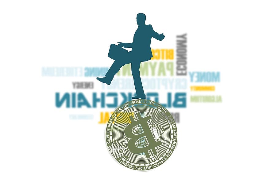 bitcoin, biznesmen, kaufmann, taniec, kryptowaluta, waluta, pieniądze, tablica, ślad, obwody, żeton