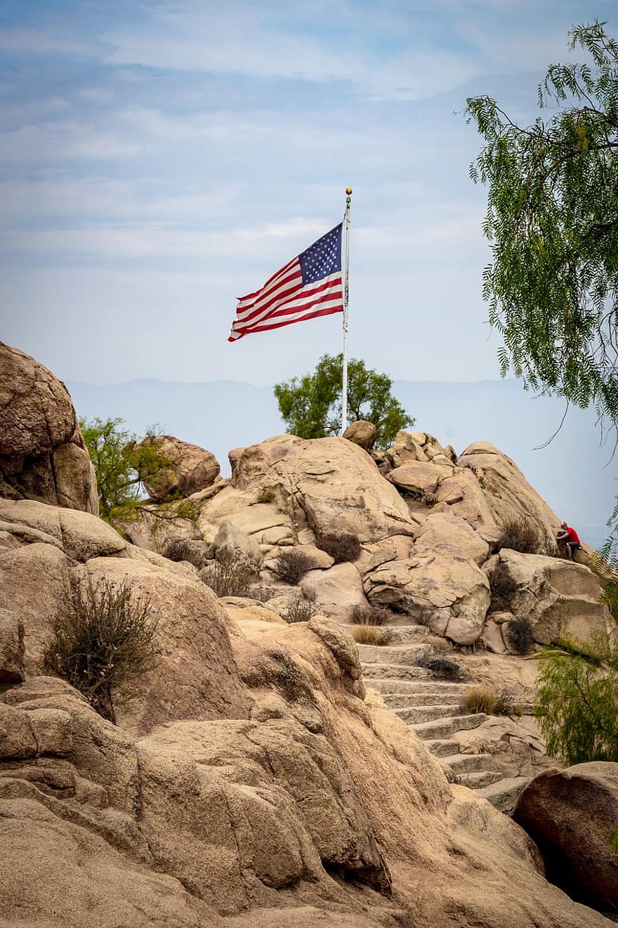 Flag, America, Mountain, Rocks, Peak, Landscape, Usa, American Flag, Flagpole, National Flag, dom