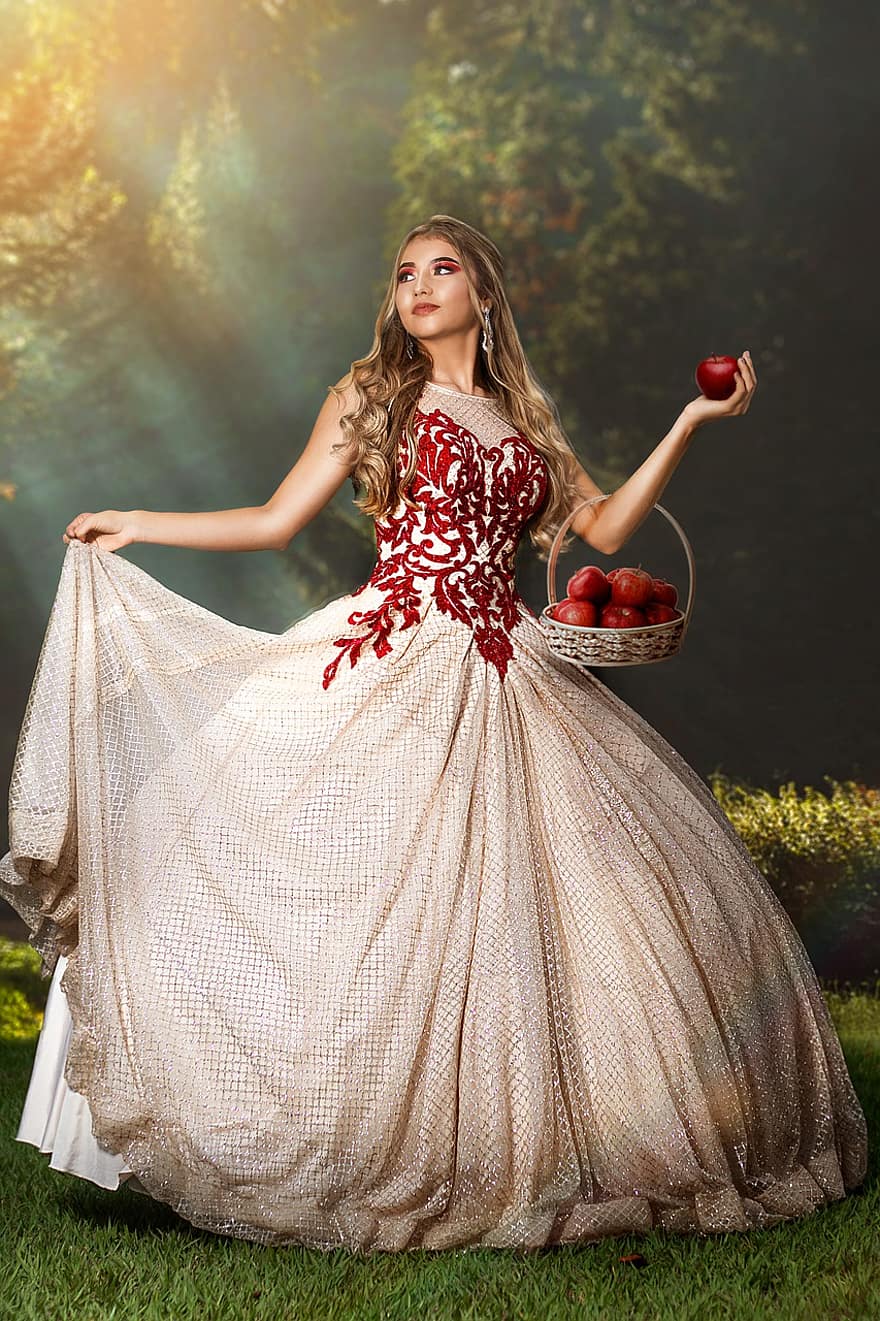 Frau, Modell-, Porträt, Kleid, Mode, Prinzessin, Korb, Korb mit Äpfeln, Stil, stilvolle Frau, Mode-Modell