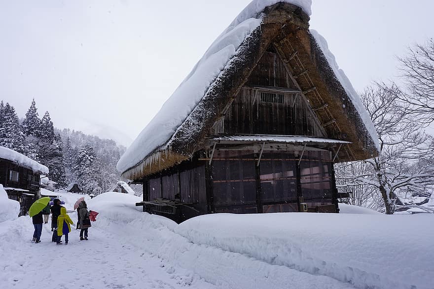 shirakawa-go, Japonsko, sníh, zimní