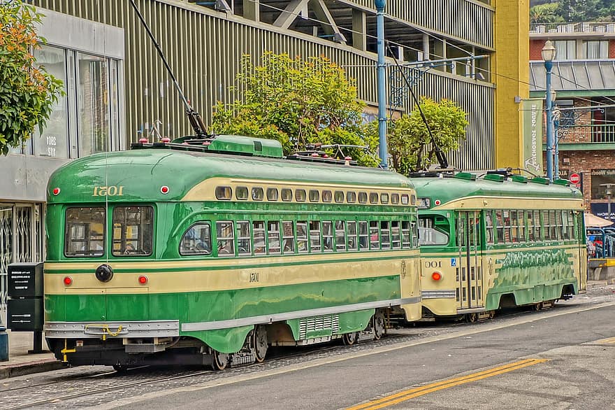 трамвай, път, Сан Франциско, Калифорния, САЩ, трафик, пазар, транспорт, исторически, град, градски