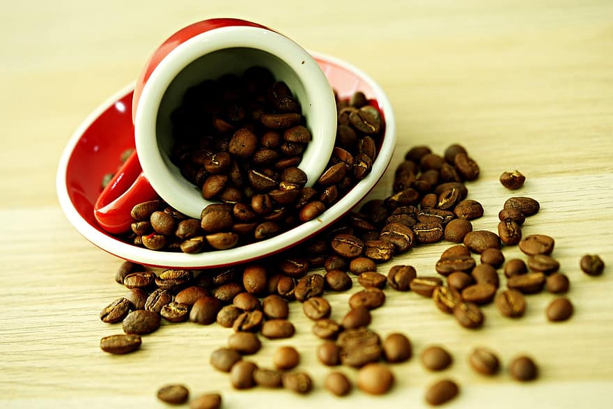 kaffe, kaffebönor, rostade kaffebönor, närbild, böna, dryck, koffein, friskhet, bakgrunder, trä, mat