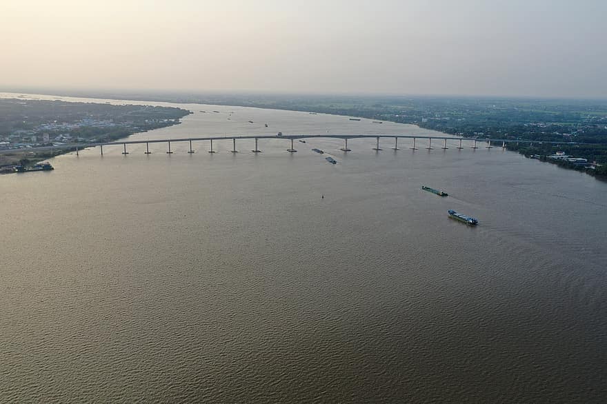 bro, flod, skibe, Min Loi Bridge, både, eftermiddag, vand, høj vinkel visning, luftfoto, transportmidler, Forsendelse