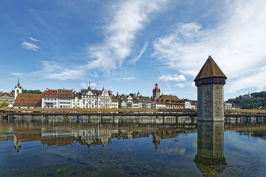스위스, 루체른, 시티, 역사적인 중심지, 예배당 다리, 다리, 탑, 역사적인, Reuss, 흐름, 물