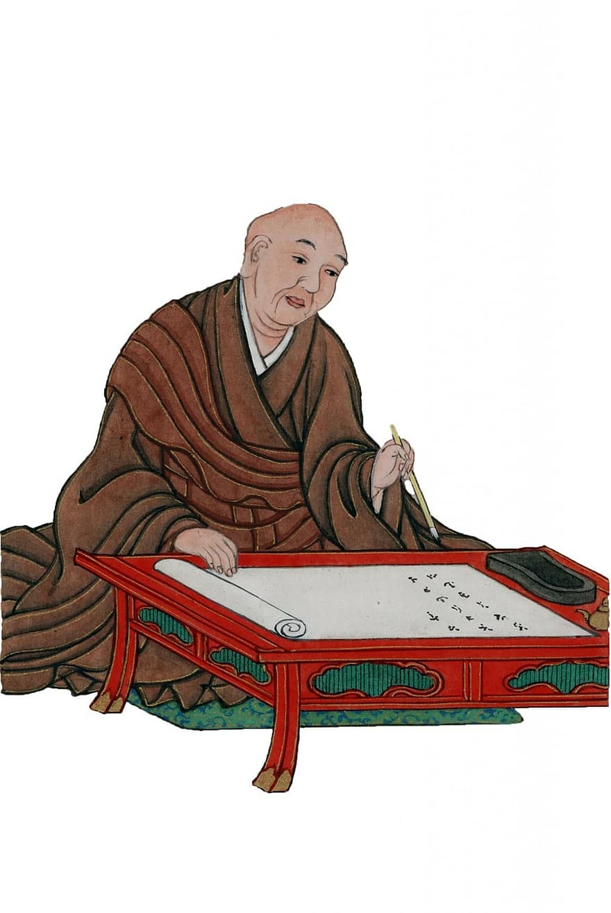 geleerde, monnik, Japans, zittend, verdieping, rol, schrift, kunst, poster, afdrukken
