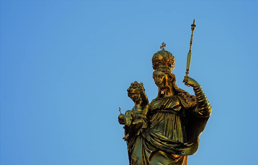 maria, standbeeld, beeldhouwwerk, monument, gouden standbeeld, gouden sculptuur, mariale kolom, religieus monument, standbeeld van Mary, Heilige vrouw, Christendom figuur