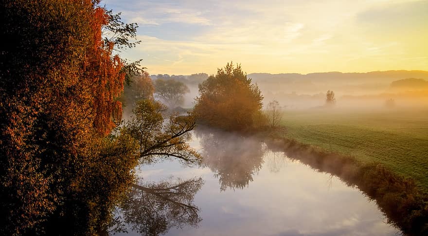 stromy, řeka, mlha, svítání, ráno, Příroda, podzim, Německo, krajina, strom, ruhr