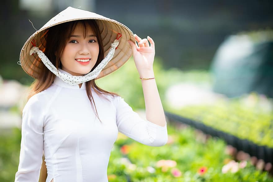 oa dai, mode, vrouw, Vietnamees, Nationale klederdracht van Vietnam, Witte Ao Dai, conische hoed, traditioneel, mooi, meisje, model-