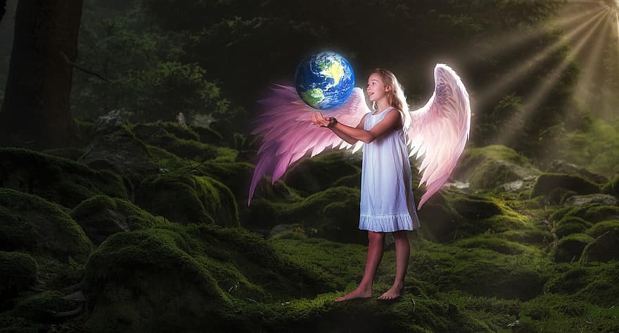 землі, ангел, дівчина, світло, ліс, захист, Світлові промені, казка, фантазія, крило, дитина