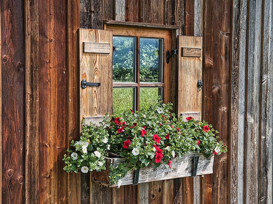 okna, kwiaty, fasada, drewniany, migawka, drewniana fasada, rustykalny
