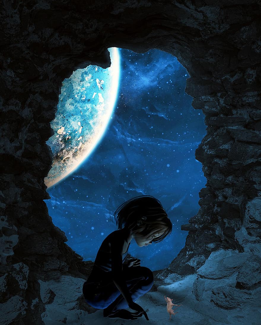 пещера, момиче, фантазия, заден план, луна, пространство, нощ, планета, хора, астрономия, галактика