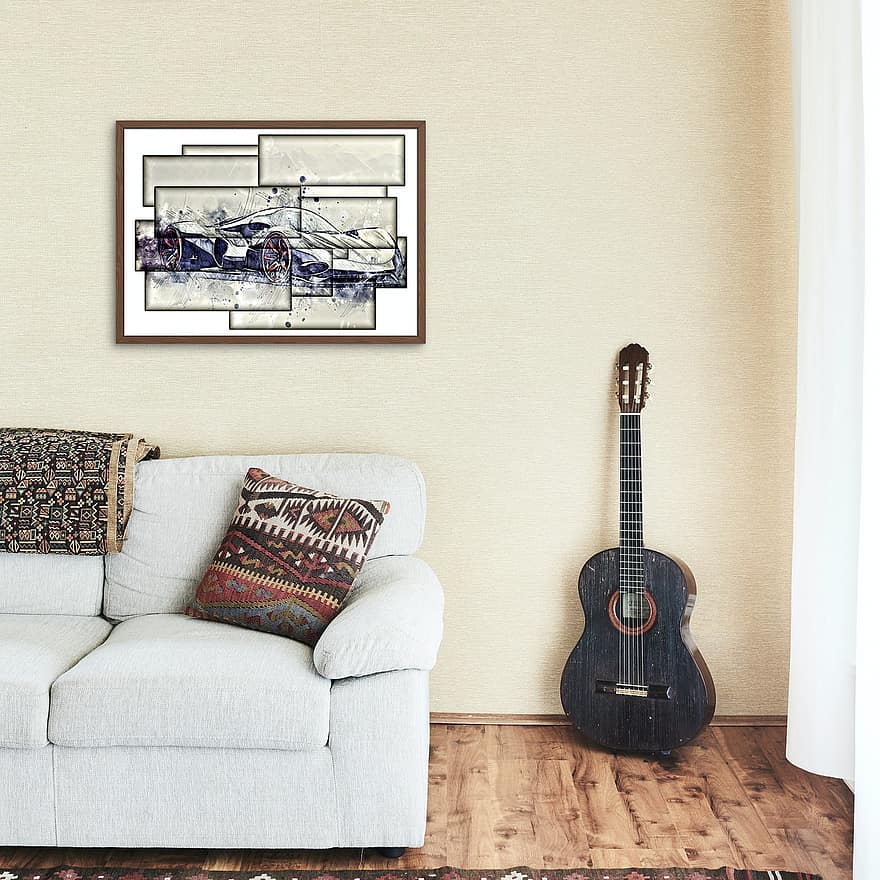 Vzhled interiéru, rám, umění, umělecká díla, kytara, domácí místnost, uvnitř, gauč, polštář, moderní, obývací pokoj