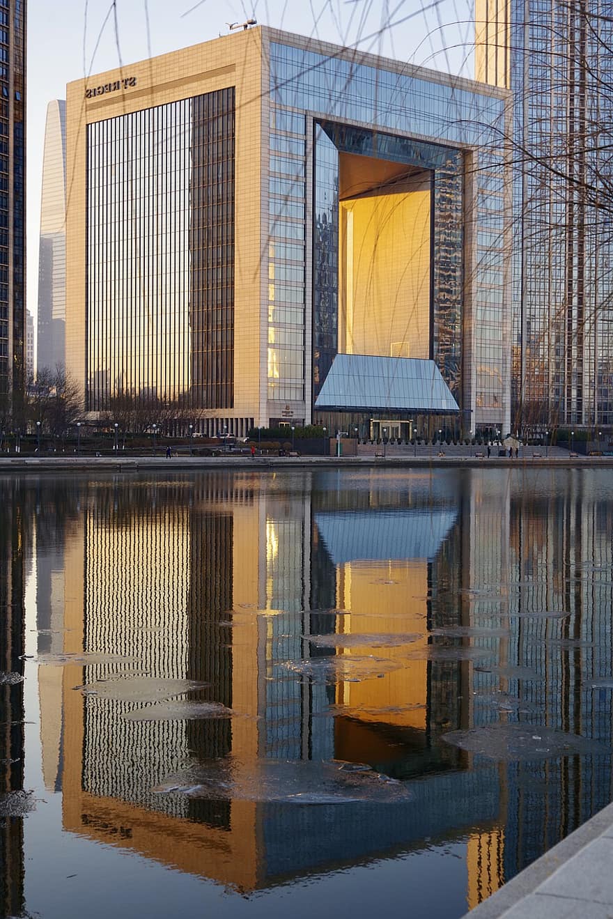 un hôtel, bâtiment, architecture, eau, réflexion, façade, gratte ciel, ville, Urbain, Tianjin, moderne