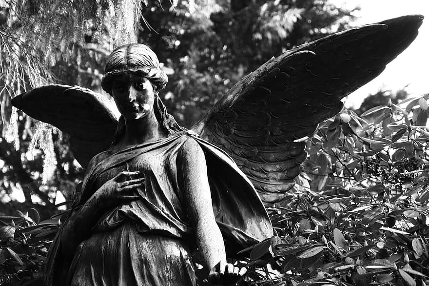 engel, statue, kirkegård, Ohlsdorf, sorg, tap, svart og hvit, død, begravelse, grav, kristendom