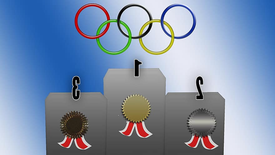 olympialaiset, voittavat portaat, olympia, palkintojenjakotilaisuus, kultamitali, hopeamitali, pronssimitali, olympiarenkaat, kilpailu
