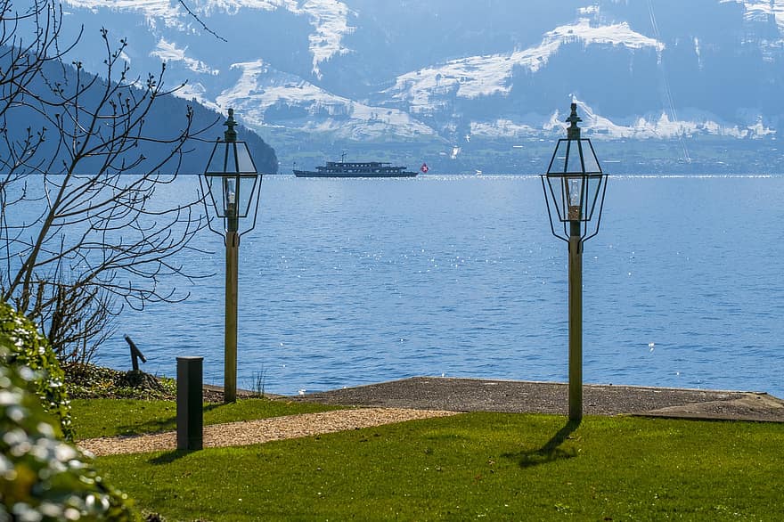 montañas, Lago Lucerna, Suiza, sol, agua, paisaje, barco náutico, azul, viaje, Envío, verano