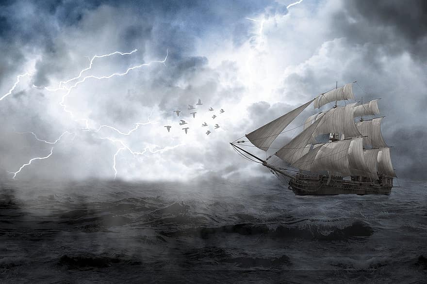 thuyền buồm, bão táp, đại dương, biển, tàu, brigantine, cảnh biển, những đám mây, chân trời, Thiên nhiên, tia chớp