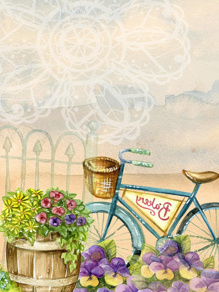 꽃, 자전거, 냄비, 제비꽃, 종이, 담홍색, 푸른, 레이스 소프트, 낭만적 인, 벽지, 스크랩북