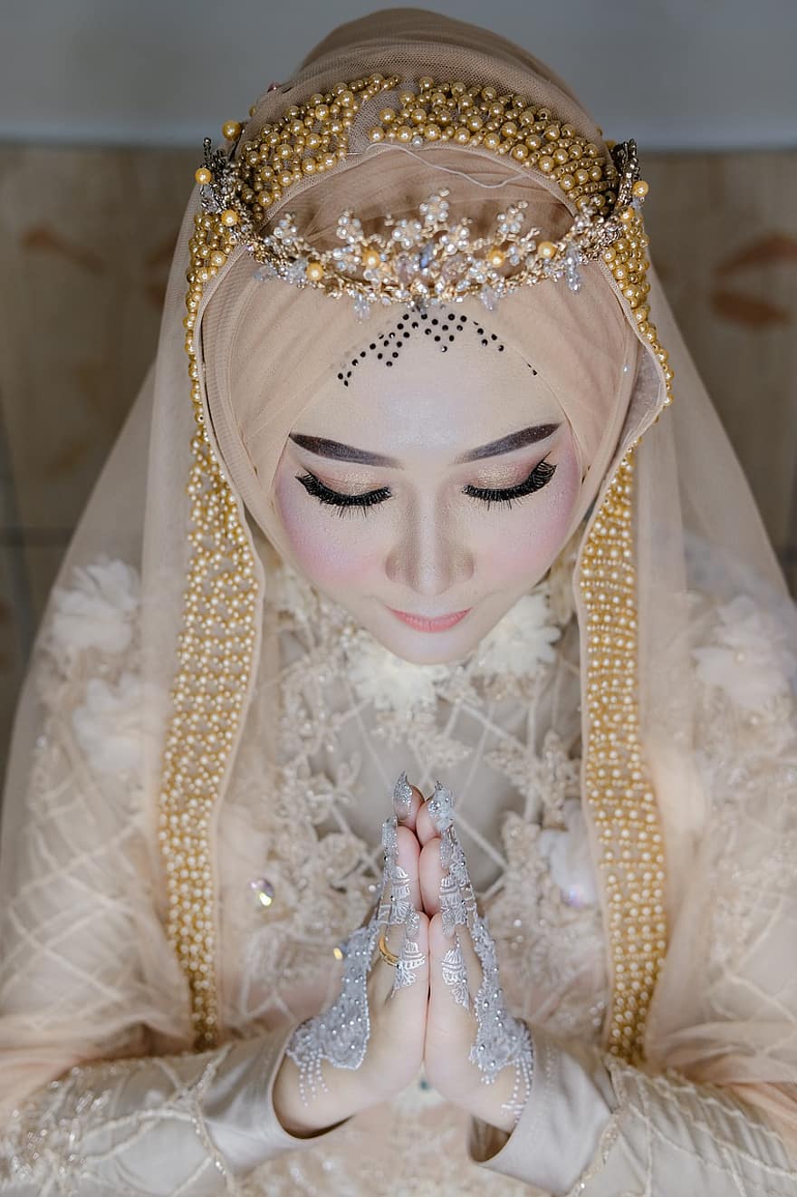 muszlim esküvő, Muzulmán menyasszony, menyasszony, esküvő, smink, nők, vallás, egy ember, felnőtt, szépség, kultúrák