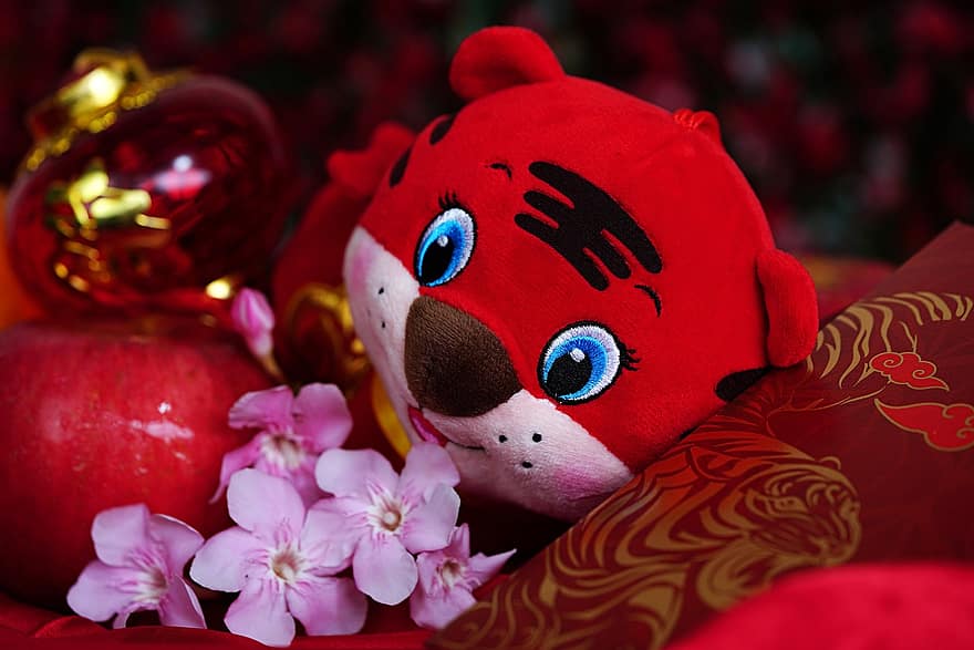 Κινέζικη πρωτοχρονιά, Κούκλα Τίγρη, παράδοση, Τίγρης κινεζικό νέο έτος, λουλούδια, παραδοσιακός
