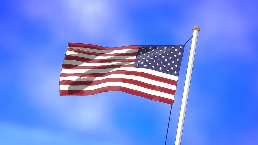 anime, noi, Stati Uniti d'America, bandiera, onda, vento, soffiando, cielo, blu, polo, pennone
