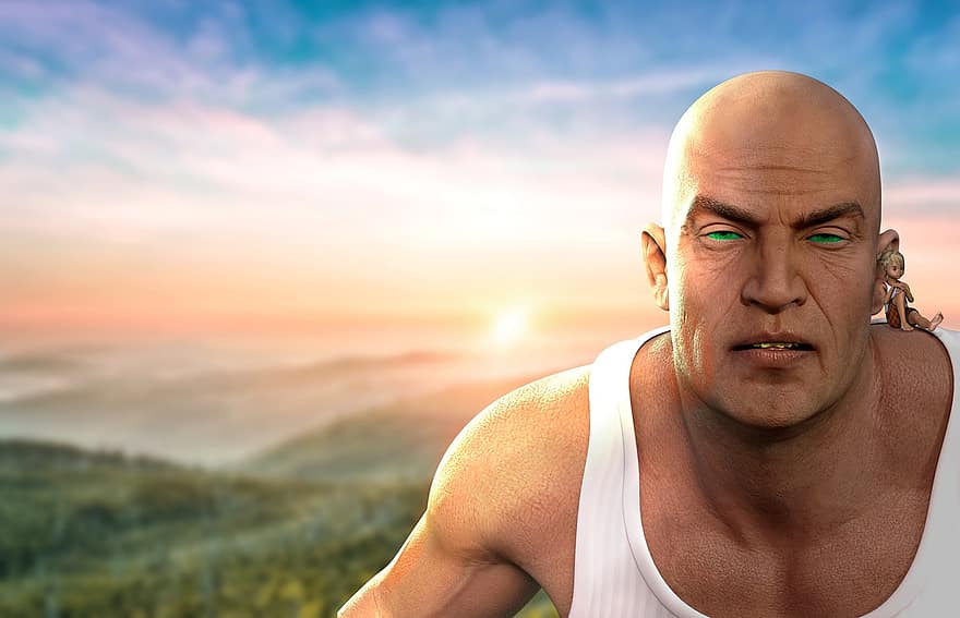 Human, Giant, Fantasy, Landscape, Meadow, Bald, Strong, Stare