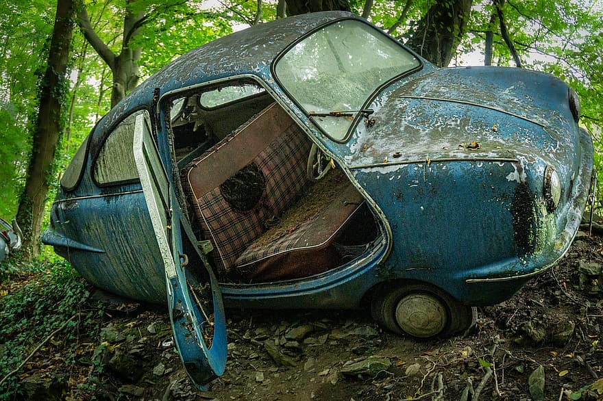 античен автомобил, изоставена кола, гора