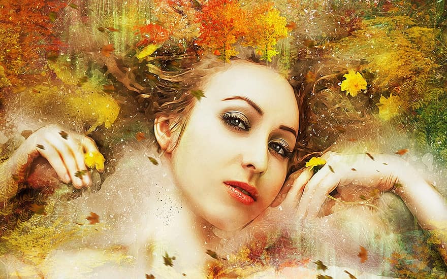fantasía, otoño, sueño, sueño de otoño, temporada, retrato, retrato de fantasía, mujer, hembra, joven, belleza