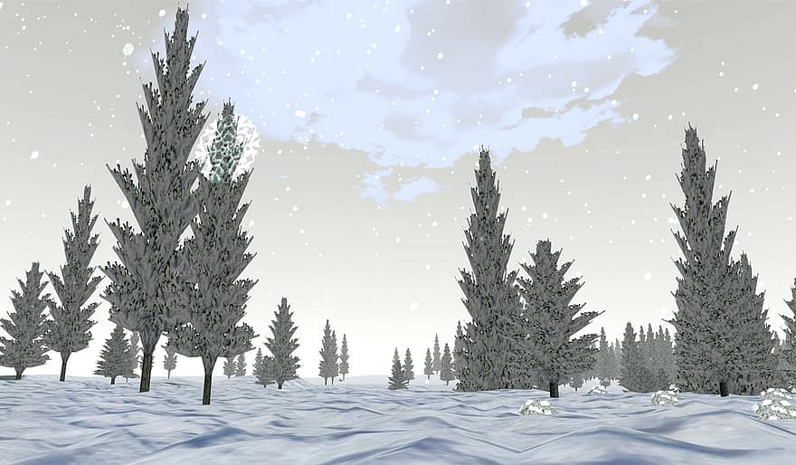 zimowy, śnieg, drzewo, jodła, 3d, 3-wymiarowe, biały