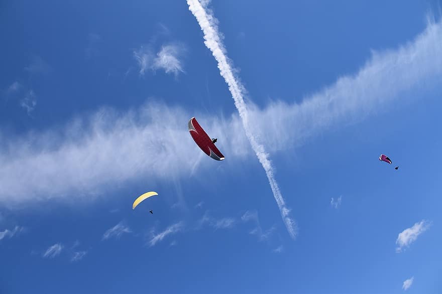 paragliders, vliegtuig, vlieg, buitenshuis, hemel, vrije tijd, vliegend, blauw, extreme sporten, parachute, luchtshow