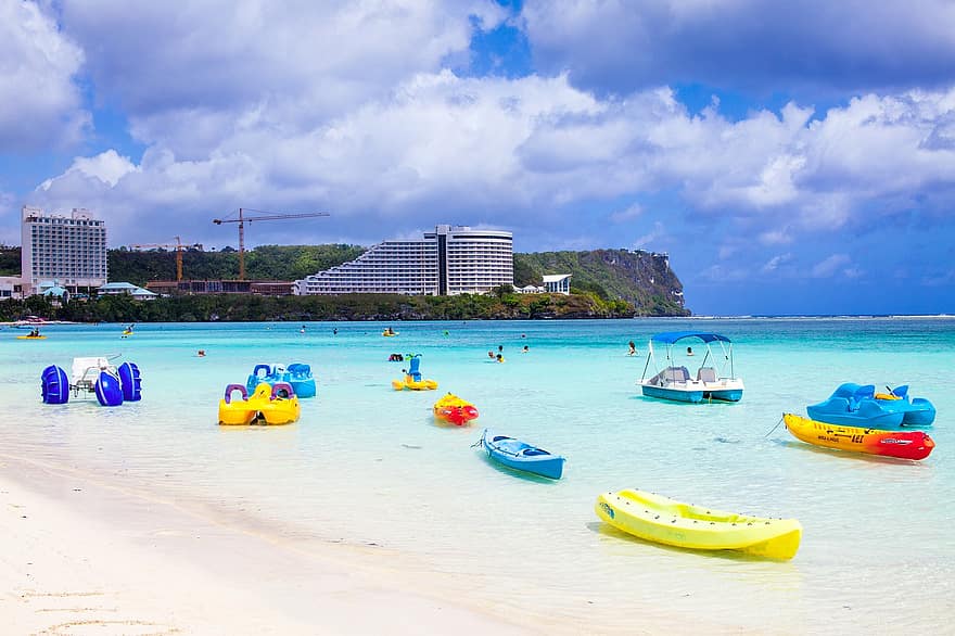 plaża, kajaki, Sporty wodne, nadmorski kurort, Wybrzeże, pobrzeże, ocean, horyzont, morze, Guam, krajobraz