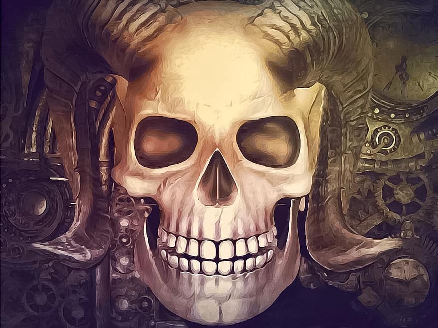 steampunk, cranio, corna, demone, il male, fantasia, goth, ingranaggi, metallo, ruggine