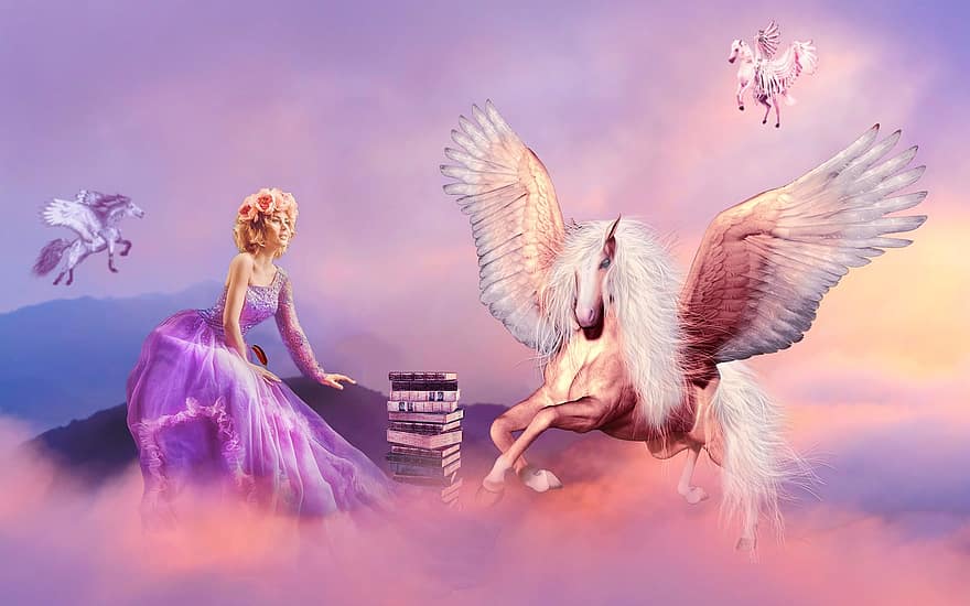 Pegasus, ragazza, fantasia, donna, libri, scrittore, ispirazione, magico, nuvole, cielo, Alba