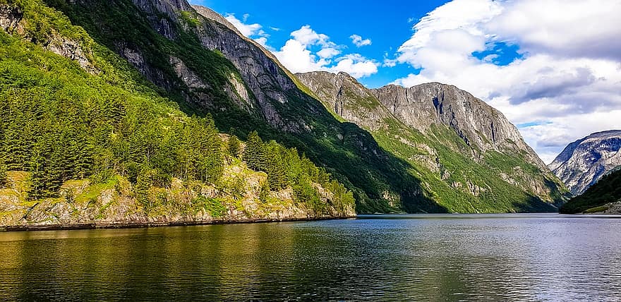 планина, фиорд, Норвегия, вода, пейзаж, природа, Скандинавия, панорама, море, пътуване