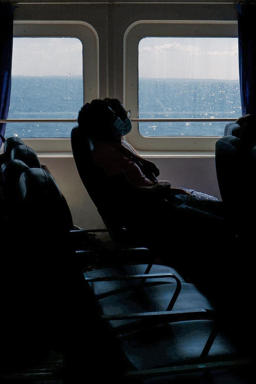 mar, ferry boat, janela, viagem, homens, sentado, transporte, relaxamento, dentro de casa, adulto, passageiro