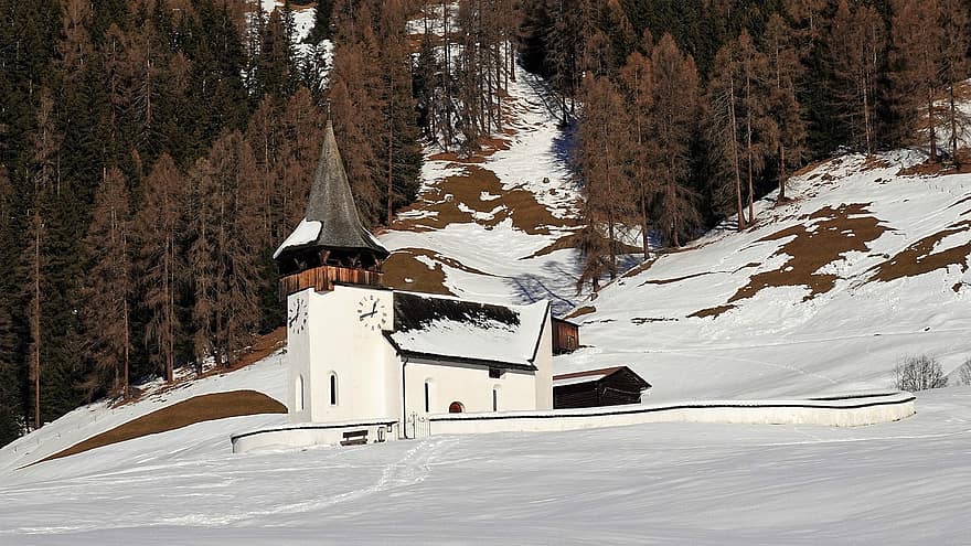 Kirche, Kapelle, Winter, Schnee, Davos, Berg, Landschaft, Wald, Jahreszeit, Christentum, Eis
