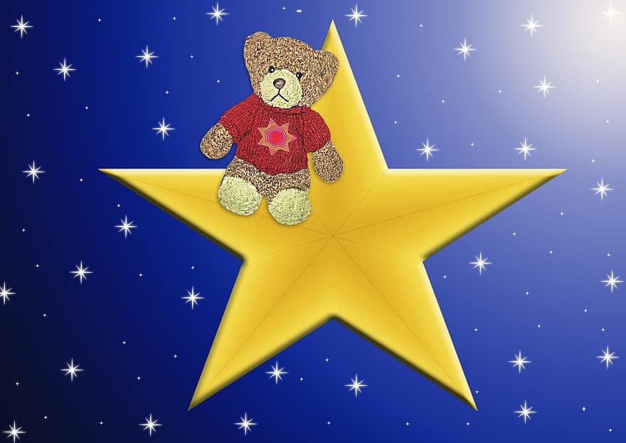 gwiazda, gwiaździste niebo, Niedźwiedź, Miś, miękka zabawka, niedźwiedzie, zabawki, zabawki dla dzieci, futrzany miś, wypchane zwierzę, świąteczne pozdrowienia