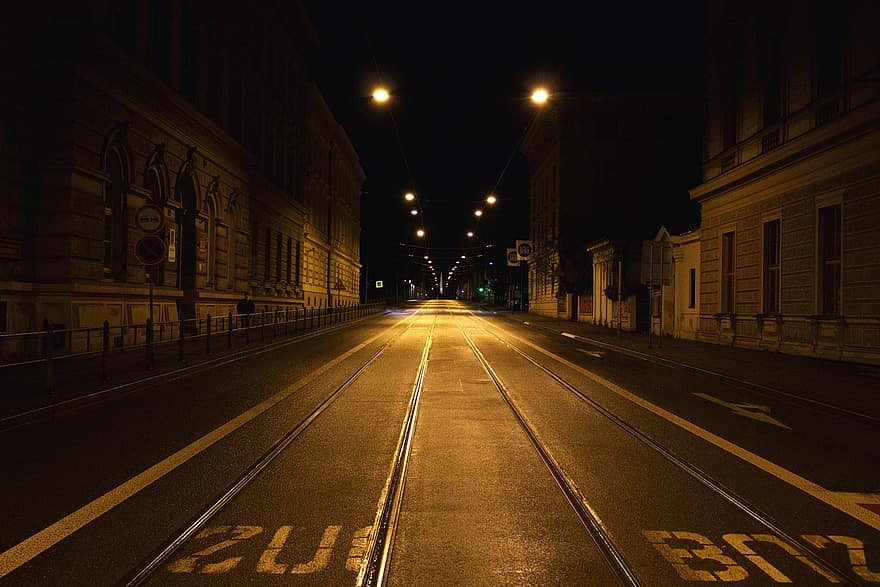 улица, нощ, град, път, тъмен, вечер, улични светлини, сгради, празен, празен път