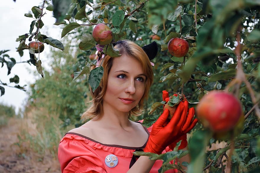 model, elma toplamak, kadın, elmalar, Yaklaşık Meyve Bahçesi, kadın model, portre, Kadın, kız, bayan, moda