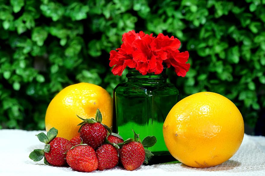 фрукты, здоровый, цветок гибискуса, лимон, клубника