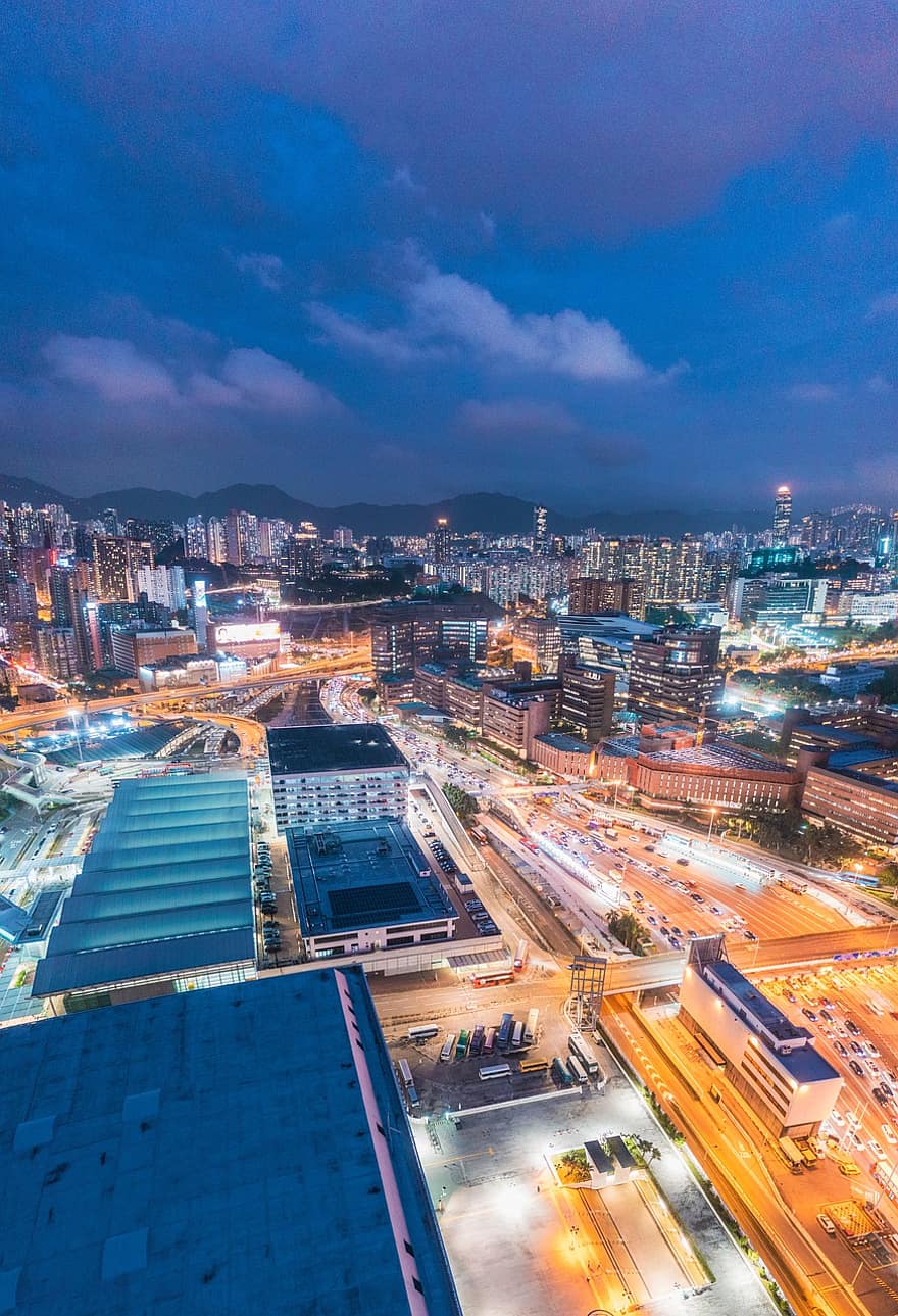 ulica, samochody, ruch drogowy, drogi, noc, miejski, cyberpunk, pejzaż miejski, antenowy, Kowloon