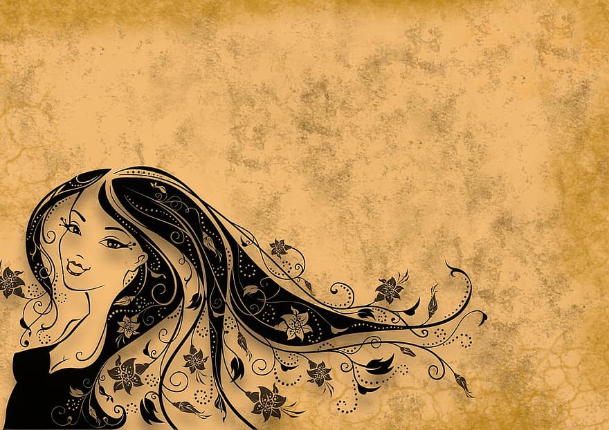 Frau, Haar, Hintergrund, Sepia, Jahrgang, Frisur