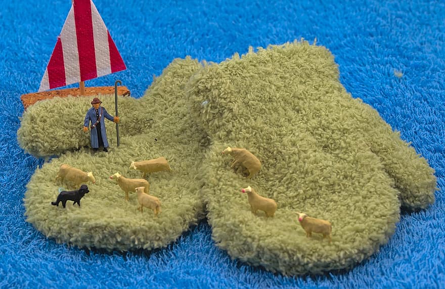 Miniaturfiguren, das Schaf, Schäfer, Hund, Wollinsel, Handschuhinsel, Segelboot, Zeichen, Miniatur, h0, 1 87