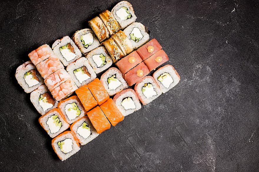 sushi, menjar, japonès, sashimi, dinar, plat, peix, arròs, salmó, tonyina, rodar