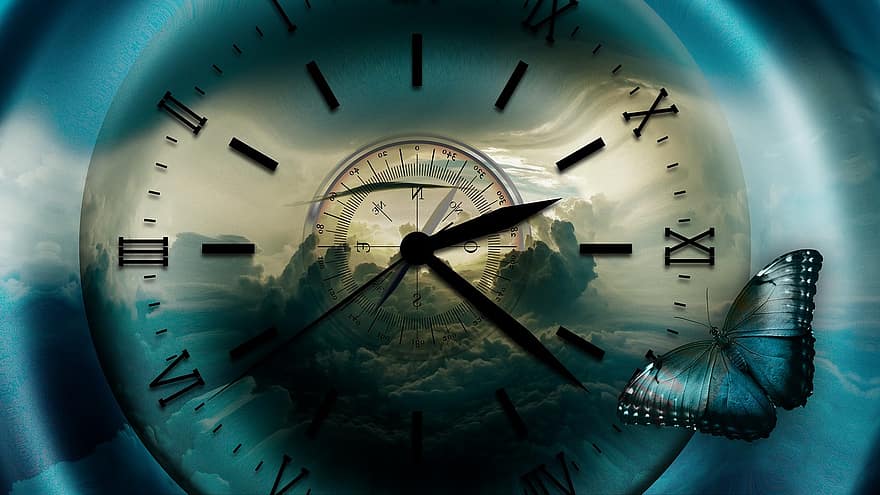 ur, kompas, sommerfugl, tid, timer, forgængelighed, retning, himmel