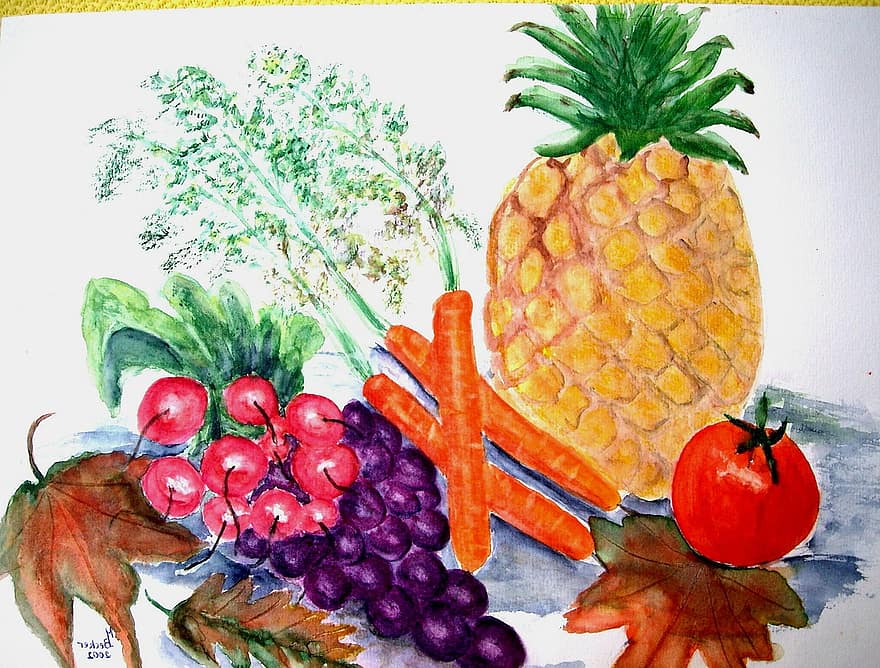 Sayuran, buah, lukisan, gambar, seni, cat, warna, artistik, lukisan gambar, artis, komposisi