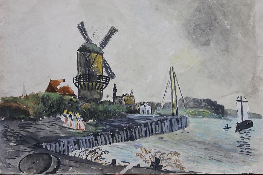 akvarelė, vėjo malūnas, Olandija, meniškai, kraštovaizdį, istoriškai, tapyba