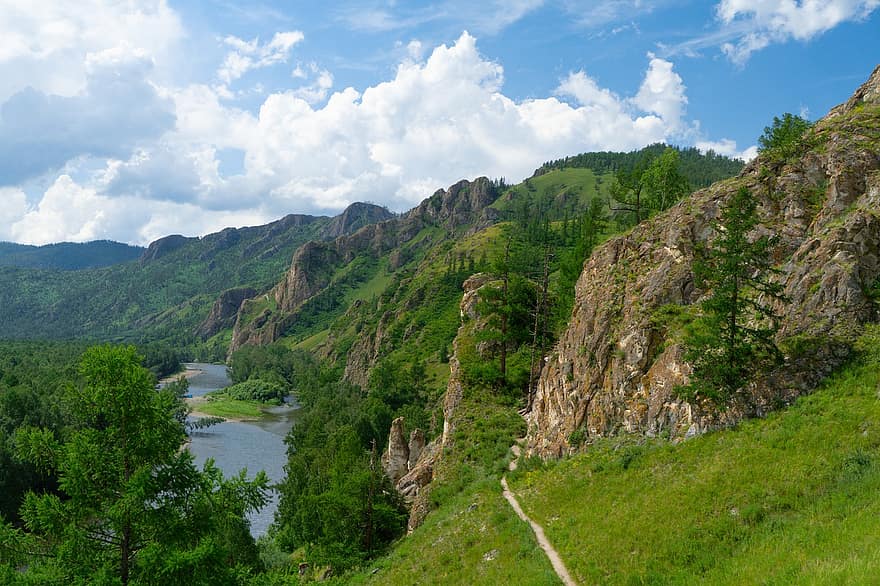 góry, rzeka, las, niebo, Natura, Rosja, Syberia, Khakassia