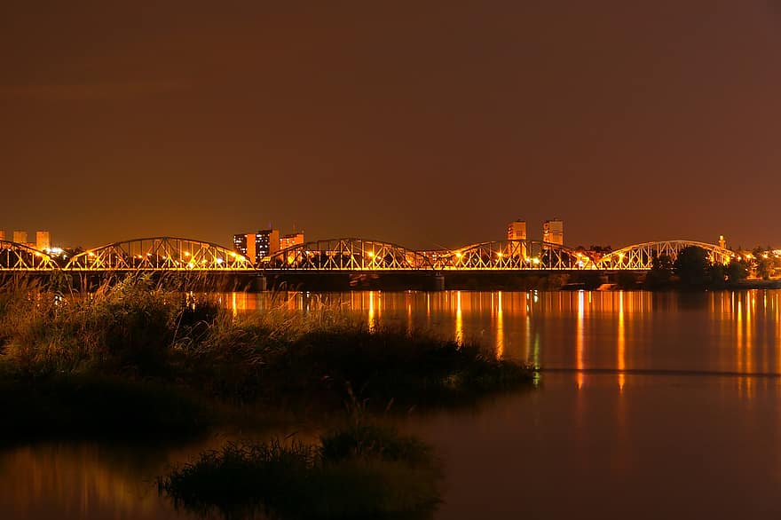 ночные огни, мост, река Висла, Польша, ночь, городской пейзаж, город, Grudziadz, пейзаж